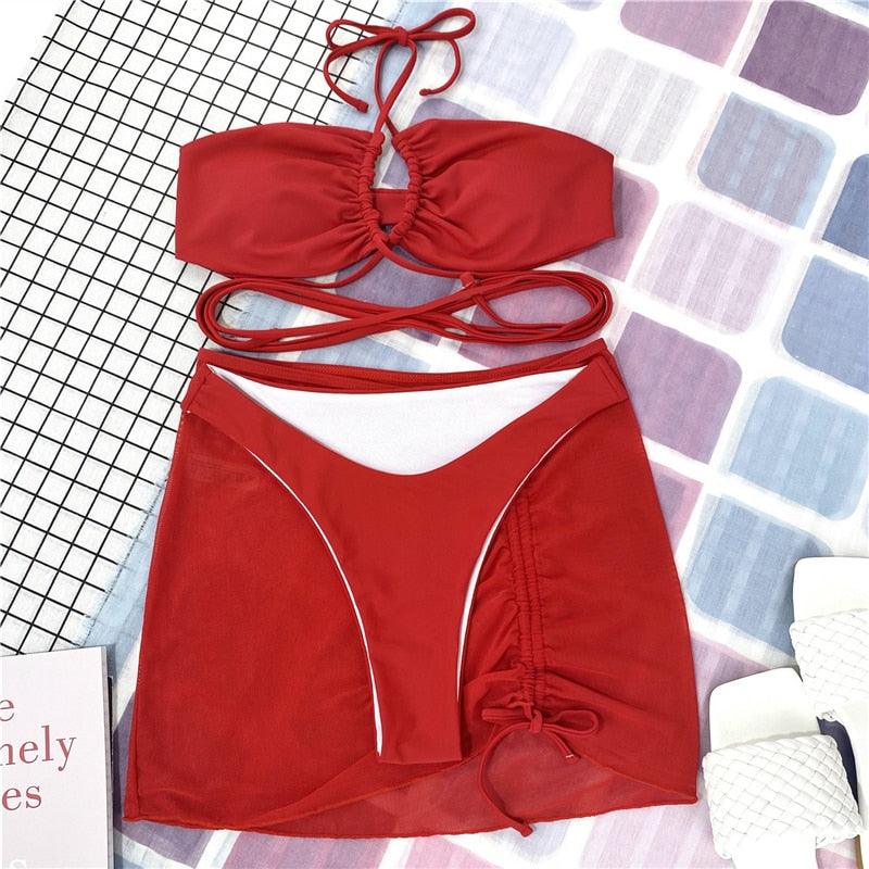 Halter Hollow Cross Bikinis Set Swimsuit Women's New Solid Two-Piece Swimwear Two Piece Swimsuit Halter Crisscross Cut Out Bikini Wrap Top with High Waist  Bottom Beach Swimwear Summer Beachwear Woman Bath Bathing Suit Stevvex