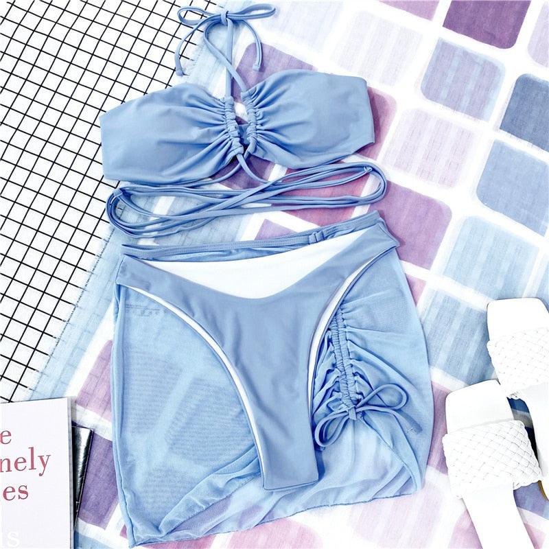 Halter Hollow Cross Bikinis Set Swimsuit Women's New Solid Two-Piece Swimwear Two Piece Swimsuit Halter Crisscross Cut Out Bikini Wrap Top with High Waist  Bottom Beach Swimwear Summer Beachwear Woman Bath Bathing Suit Stevvex