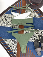 Halter Hollow Cross Bikinis Set Swimsuit Women's New Solid Two-Piece Swimwear Two Piece Swimsuit Halter Crisscross Cut Out Bikini Wrap Top with High Waist  Bottom Beach Swimwear Summer Beachwear Woman Bath Bathing Suit Stevvex