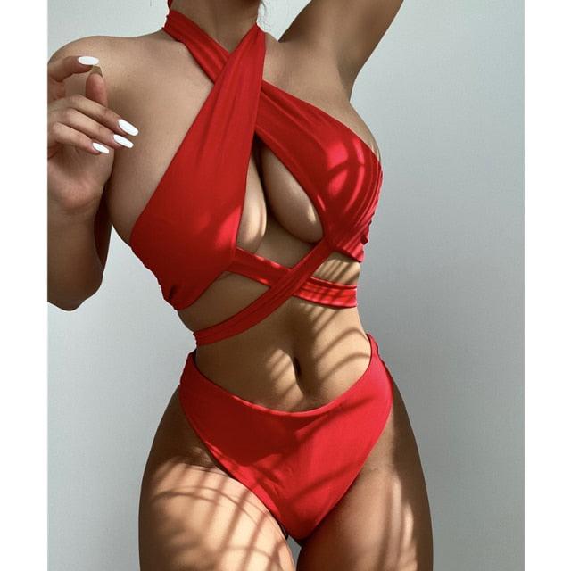 Halter Hollow Cross Bikinis Set Swimsuit Women's New Solid Two-Piece Swimwear Two Piece Swimsuit Halter Crisscross Cut Out Bikini Wrap Top with High Waist  Bottom Beach Swimwear Summer Beachwear Woman Bath Bathing Suit Stevvex