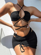 Halter Hollow Cross Bikinis Set Swimsuit Women's New Solid Two-Piece Swimwear Two Piece Swimsuit Halter Crisscross Cut Out Bikini Wrap Top with High Waist  Bottom Beach Swimwear Summer Beachwear Woman Bath Bathing Suit Stevvex