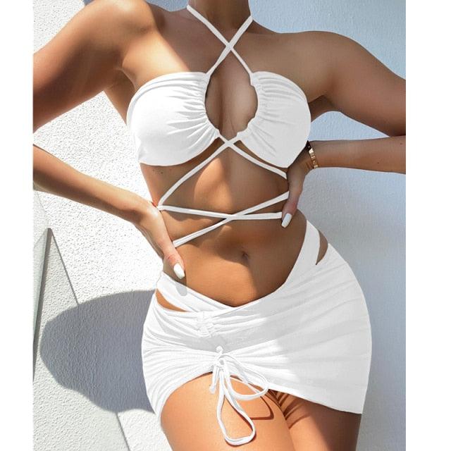 Halter Hollow Cross Bikinis Set Swimsuit Women's New Solid Two-Piece Swimwear Two Piece Swimsuit Halter Crisscross Cut Out Bikini Wrap Top with High Waist  Bottom Beach Swimwear Summer Beachwear Woman Bath Bathing Suit Stevvex
