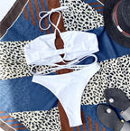 Halter Hollow Cross Bikinis Set Swimsuit Women's New Solid Two-Piece Swimwear Two Piece Swimsuit Halter Crisscross Cut Out Bikini Wrap Top with High Waist  Bottom Beach Swimwear Summer Beachwear Woman Bath Bathing Suit Stevvex