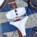 Halter Hollow Cross Bikinis Set Swimsuit Women's New Solid Two-Piece Swimwear Two Piece Swimsuit Halter Crisscross Cut Out Bikini Wrap Top with High Waist  Bottom Beach Swimwear Summer Beachwear Woman Bath Bathing Suit Stevvex