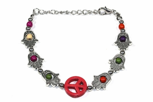 Hamsa Hand Peace Bracelet Adjustable Beaded Silver Charm