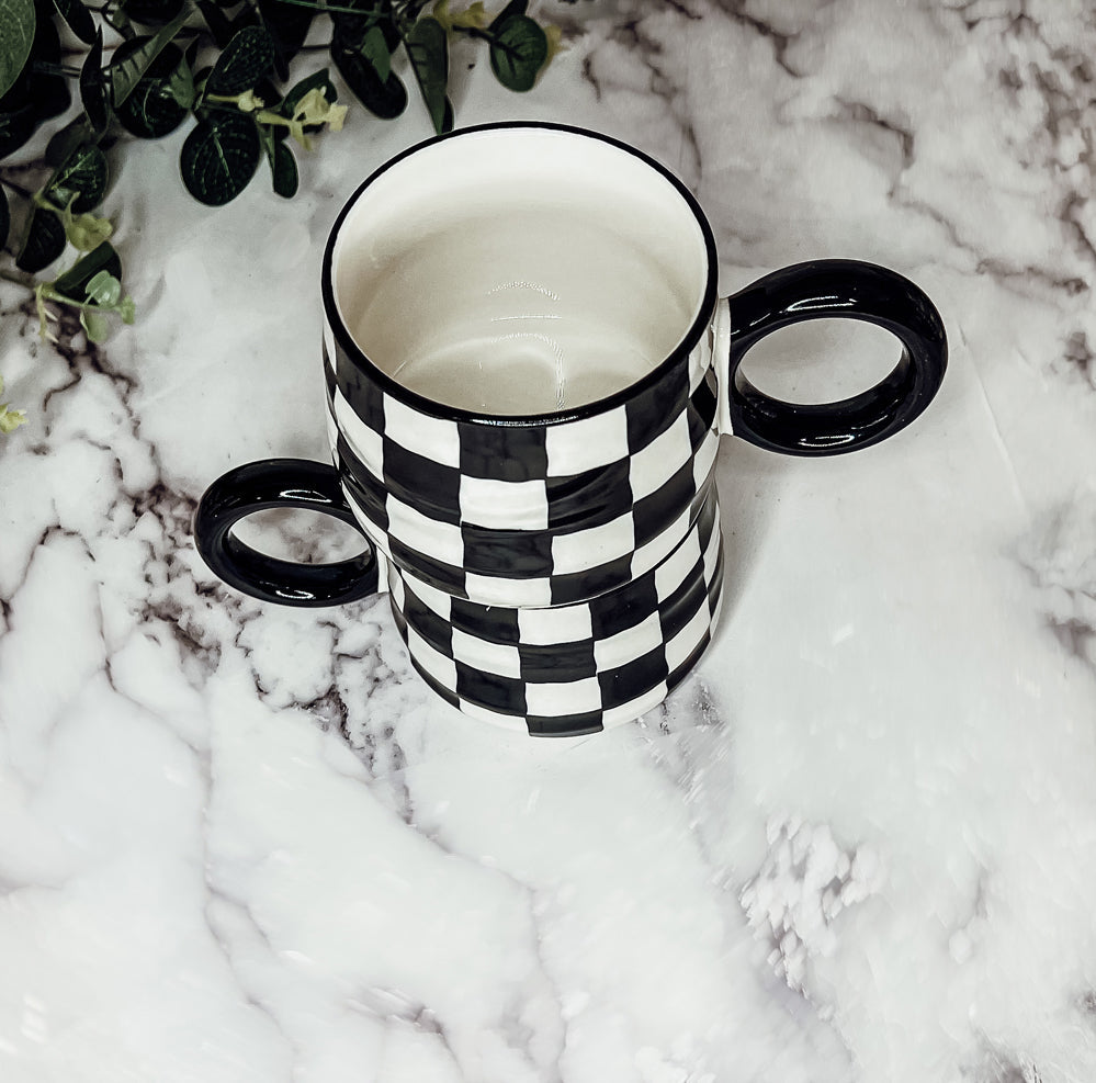 Black And White Checkered Ceramic Mug 13.5oz Hand-Painted Retro Dishwasher Safe BandsCo Straps
