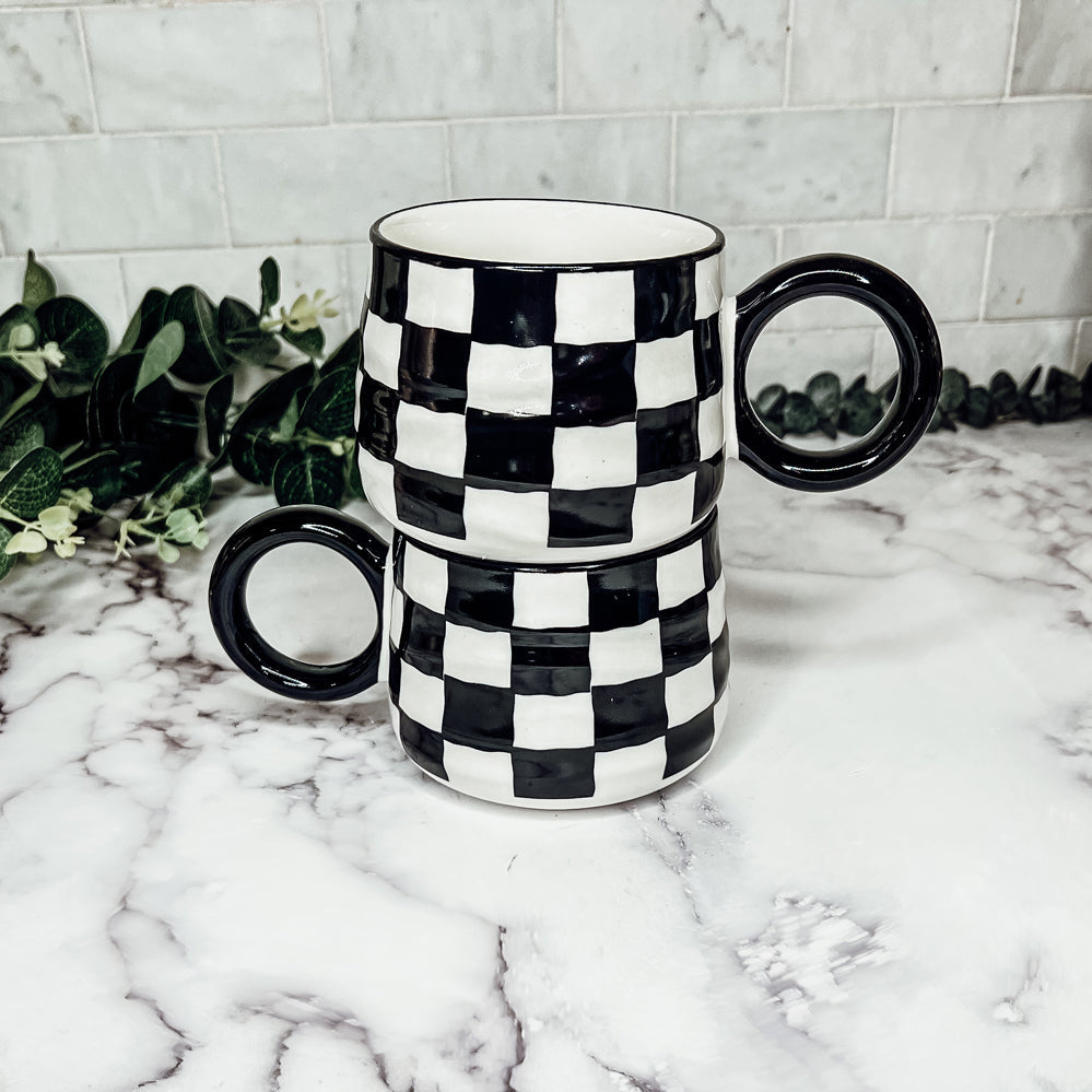 Black And White Checkered Ceramic Mug 13.5oz Hand-Painted Retro Dishwasher Safe BandsCo Straps