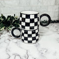 Black And White Checkered Ceramic Mug 13.5oz Hand-Painted Retro Dishwasher Safe BandsCo Straps
