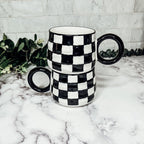 Black And White Checkered Ceramic Mug 13.5oz Hand-Painted Retro Dishwasher Safe BandsCo Straps