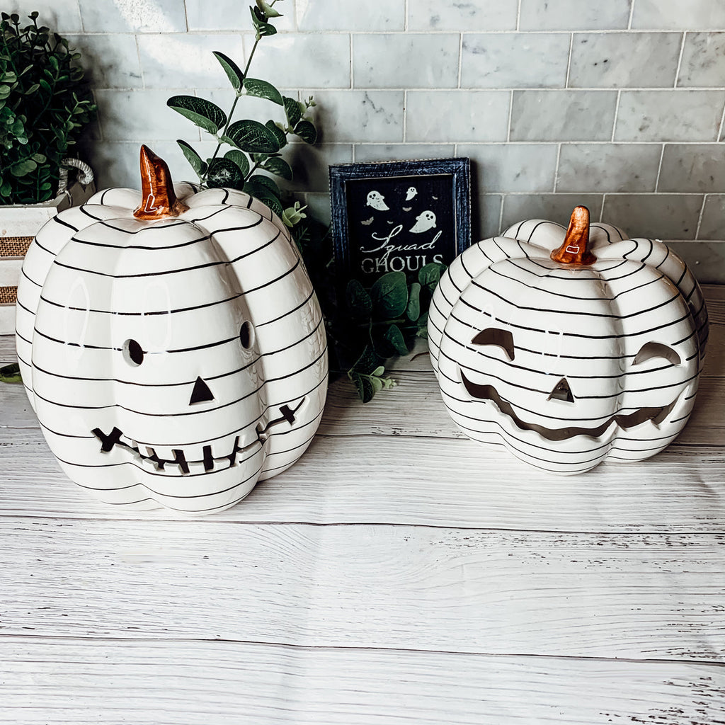Hand Painted Black White LED Striped Pumpkin Minimalist Fall Halloween Decor BandsCo Straps