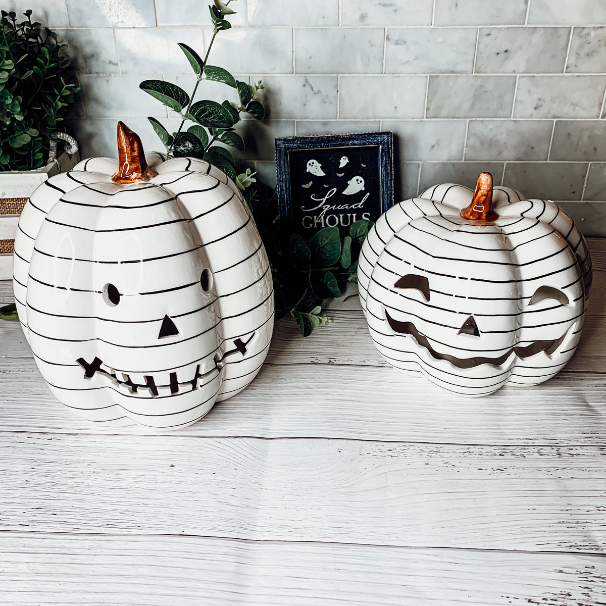 Hand Painted Black White LED Striped Pumpkin Minimalist Fall Halloween Decor BandsCo Straps