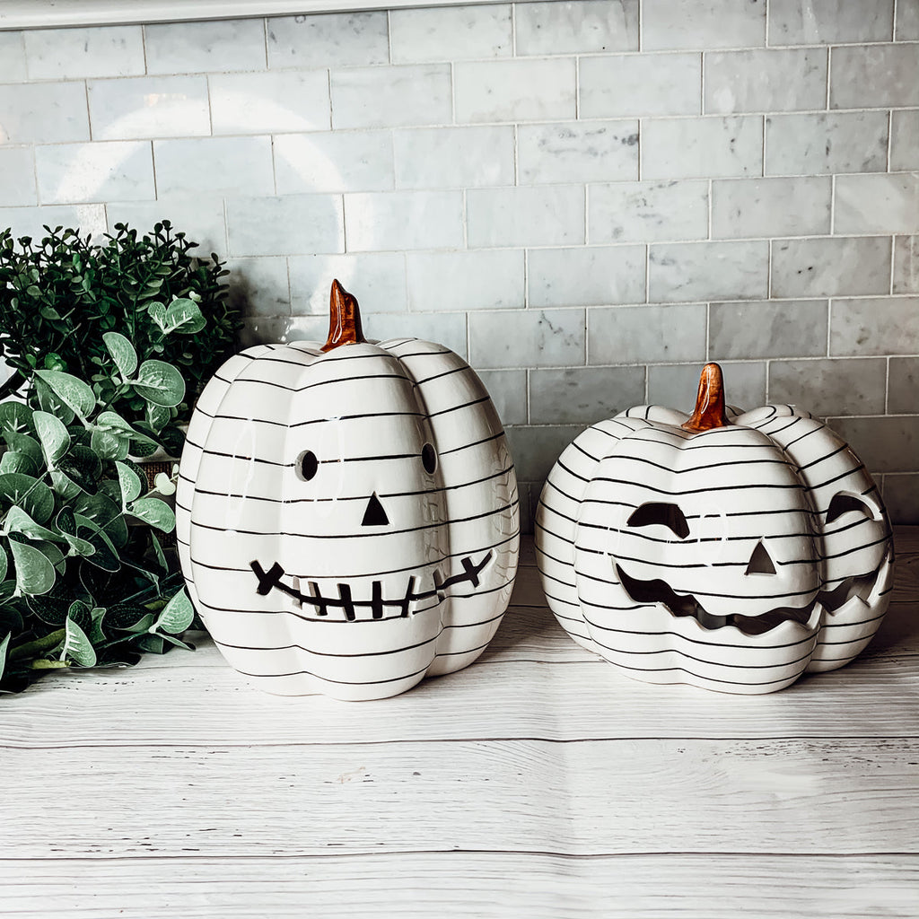 Hand Painted Black White LED Striped Pumpkin Minimalist Fall Halloween Decor BandsCo Straps