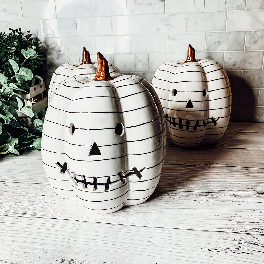 Hand Painted Black White LED Striped Pumpkin Minimalist Fall Halloween Decor BandsCo Straps