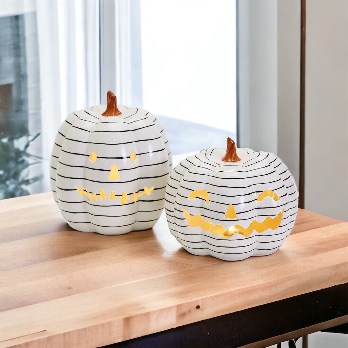 Hand Painted Black White LED Striped Pumpkin Minimalist Fall Halloween Decor BandsCo Straps