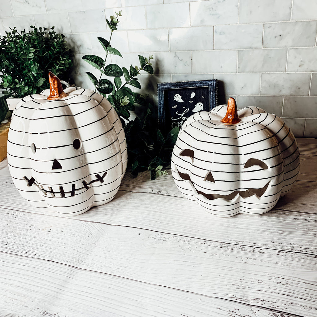 Hand Painted Black White LED Striped Pumpkin Minimalist Fall Halloween Decor BandsCo Straps