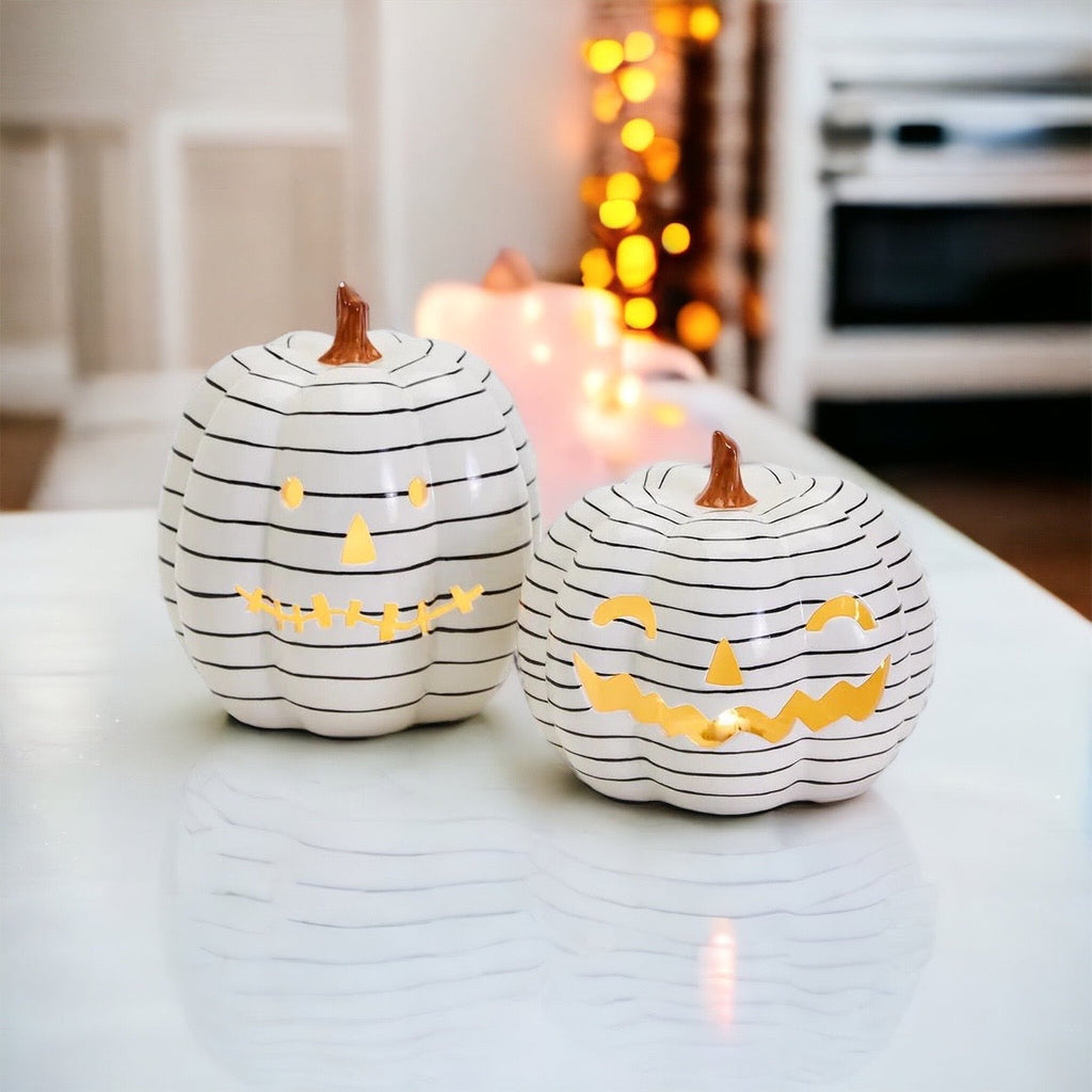 Hand Painted Black White LED Striped Pumpkin Minimalist Fall Halloween Decor BandsCo Straps