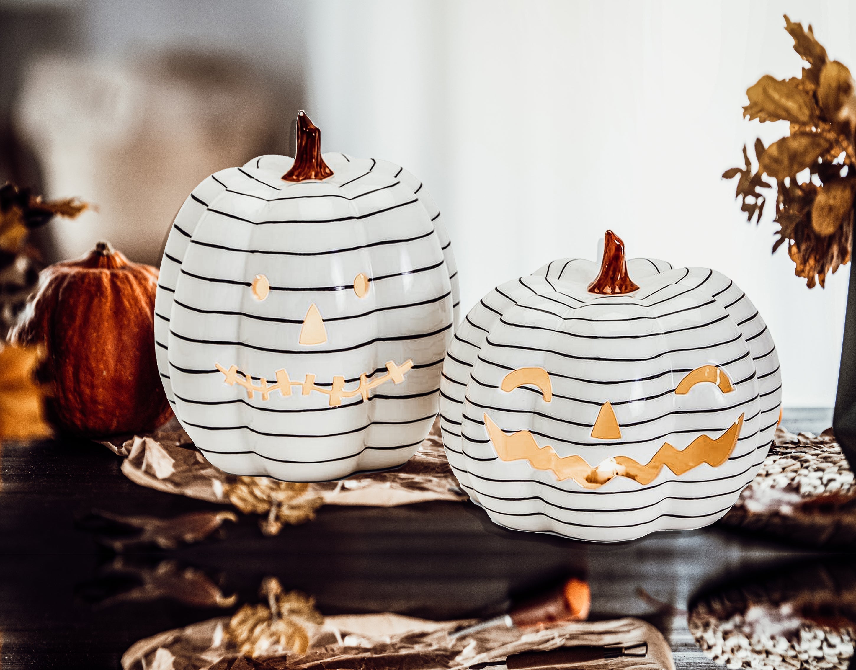 Hand Painted Black White LED Striped Pumpkin Minimalist Fall Halloween Decor BandsCo Straps