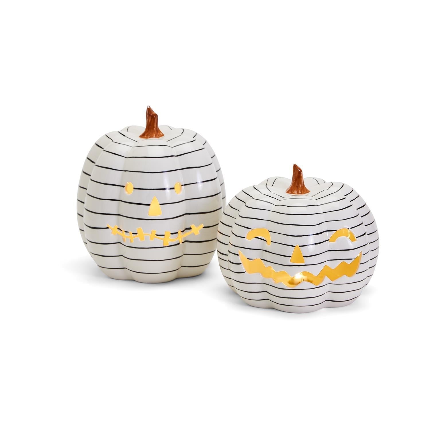 Hand Painted Black White LED Striped Pumpkin Minimalist Fall Halloween Decor BandsCo Straps