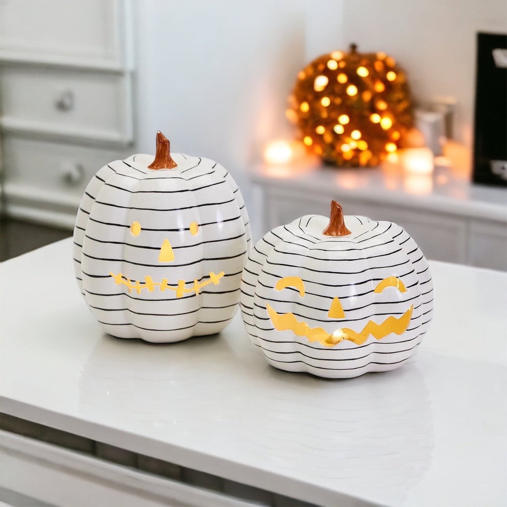 Hand Painted Black White LED Striped Pumpkin Minimalist Fall Halloween Decor BandsCo Straps