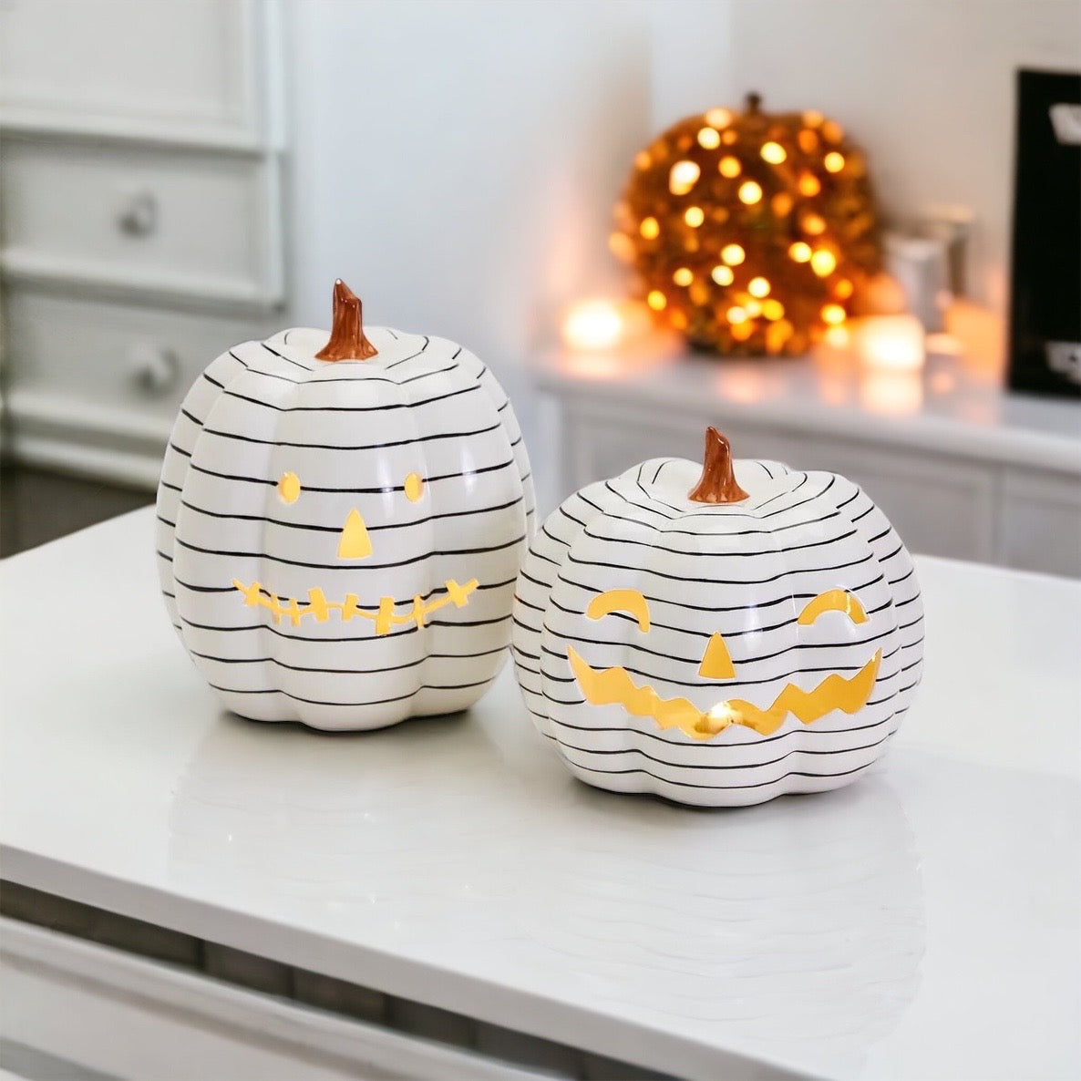 Hand Painted Black White LED Striped Pumpkin Minimalist Fall Halloween Decor BandsCo Straps