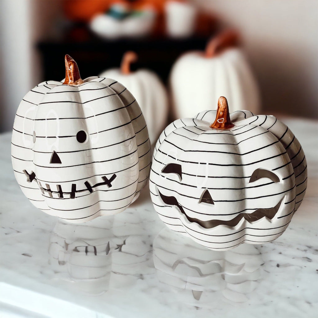 Hand Painted Black White LED Striped Pumpkin Minimalist Fall Halloween Decor BandsCo Straps
