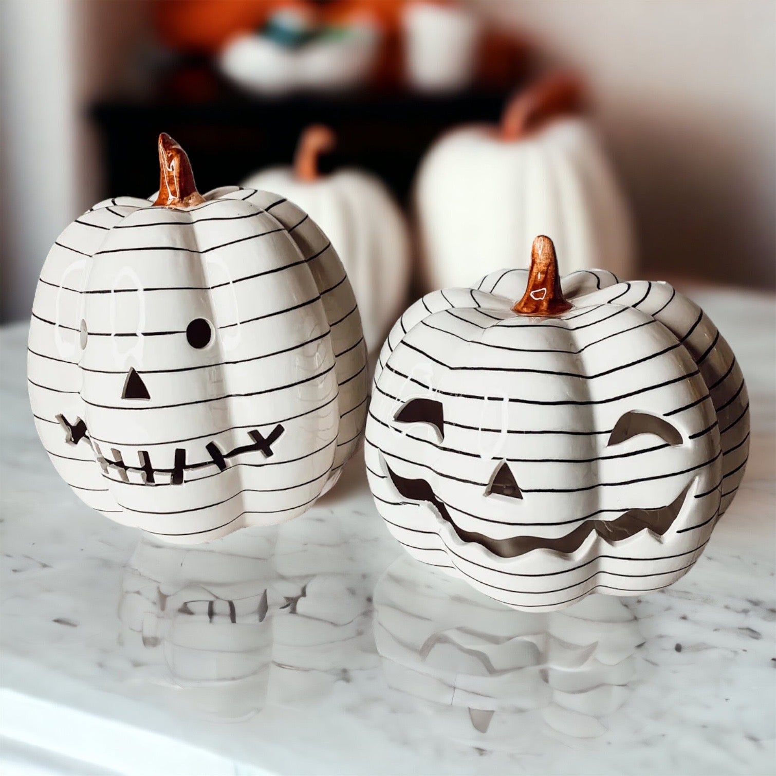 Hand Painted Black White LED Striped Pumpkin Minimalist Fall Halloween Decor BandsCo Straps