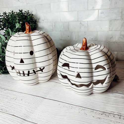 Hand Painted Black White LED Striped Pumpkin Minimalist Fall Halloween Decor BandsCo Straps
