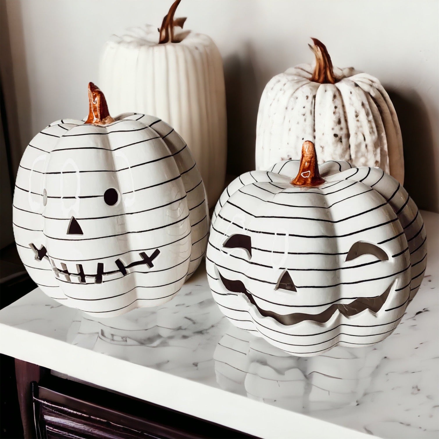 Hand Painted Black White LED Striped Pumpkin Minimalist Fall Halloween Decor BandsCo Straps