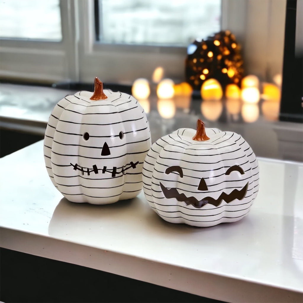 Hand Painted Black White LED Striped Pumpkin Minimalist Fall Halloween Decor BandsCo Straps