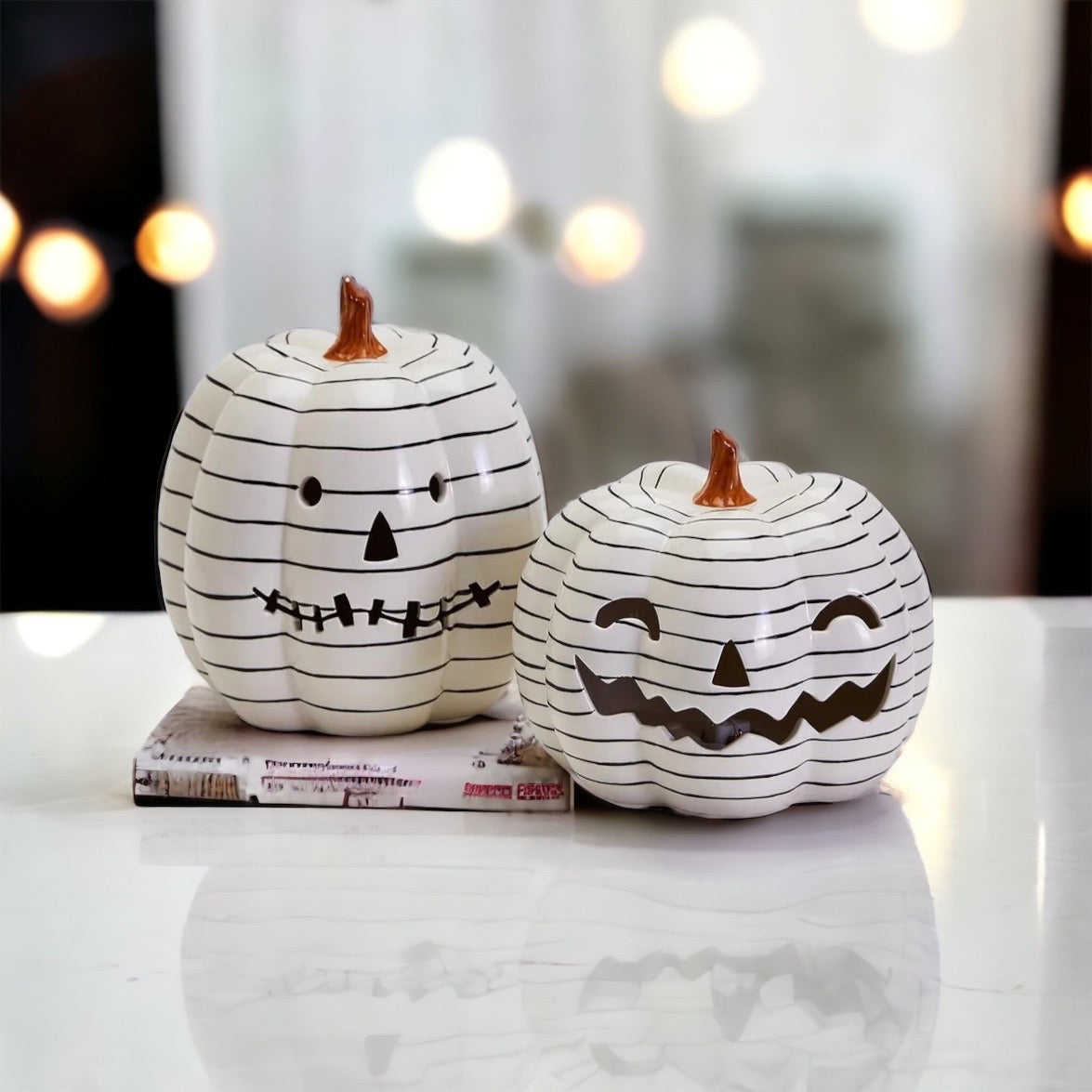 Hand Painted Black White LED Striped Pumpkin Minimalist Fall Halloween Decor BandsCo Straps