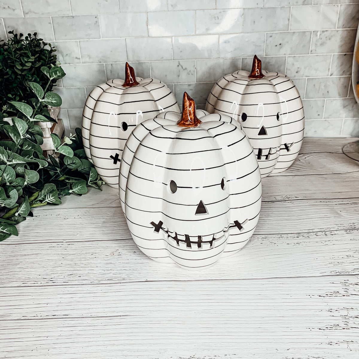 Hand Painted Black White LED Striped Pumpkin Minimalist Fall Halloween Decor BandsCo Straps
