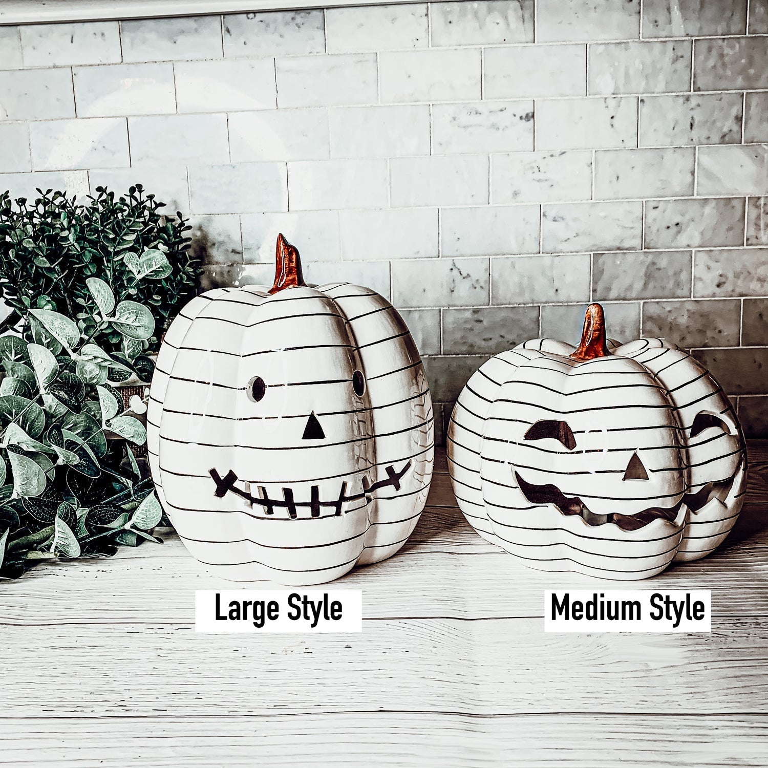 Hand Painted Black White LED Striped Pumpkin Minimalist Fall Halloween Decor BandsCo Straps