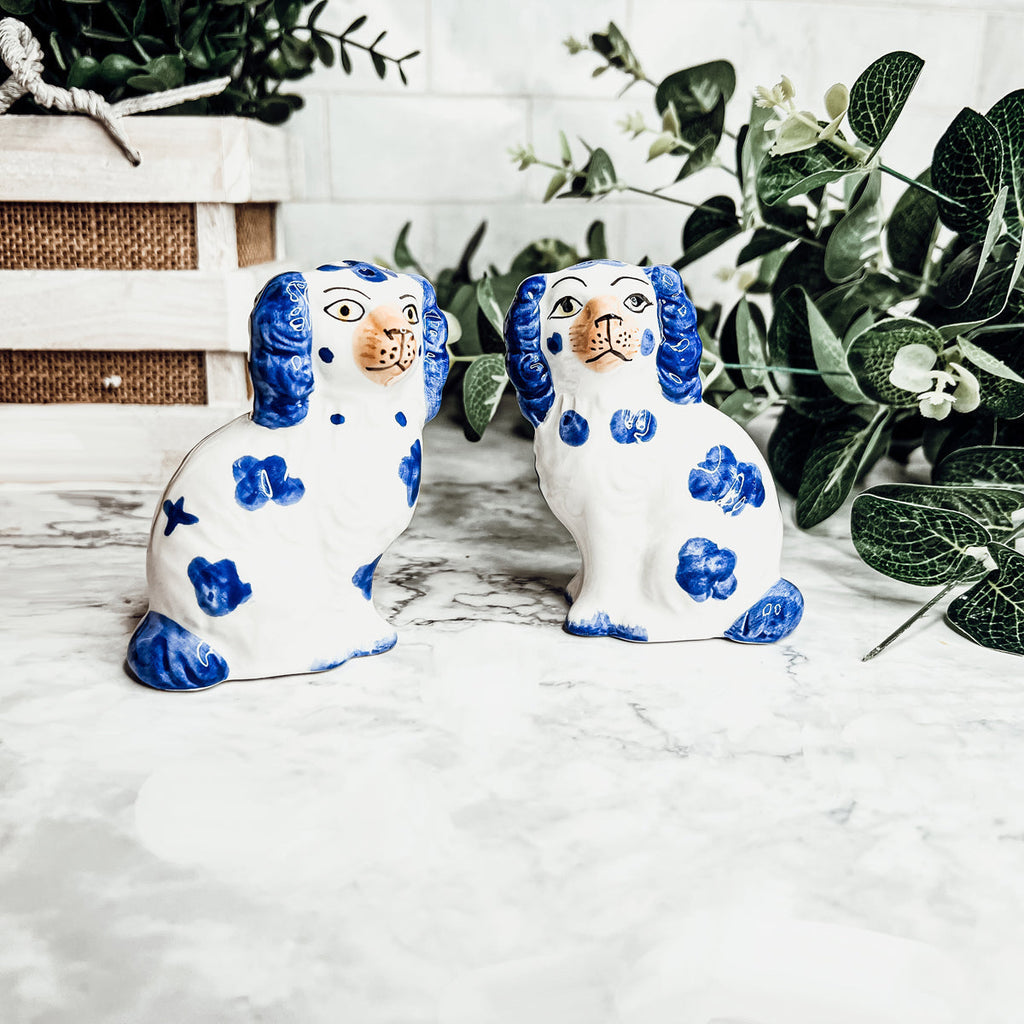 Staffordshire Dog Salt And Pepper Shakers Ceramic Hand-Painted Blue White BandsCo Straps