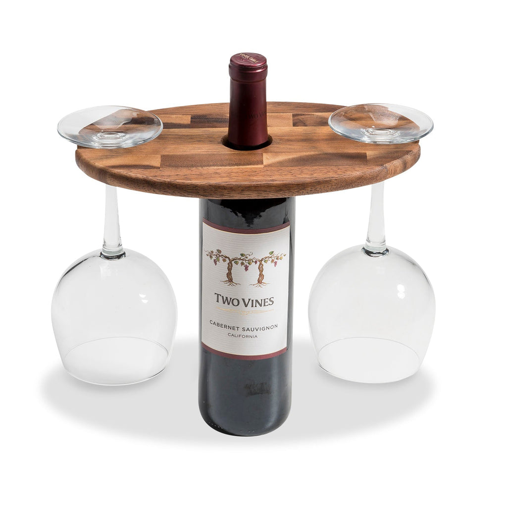 Acacia Wood Wine Bottle Glass Caddy Holds 2 Stemmed Glasses - Handcrafted BandsCo Straps