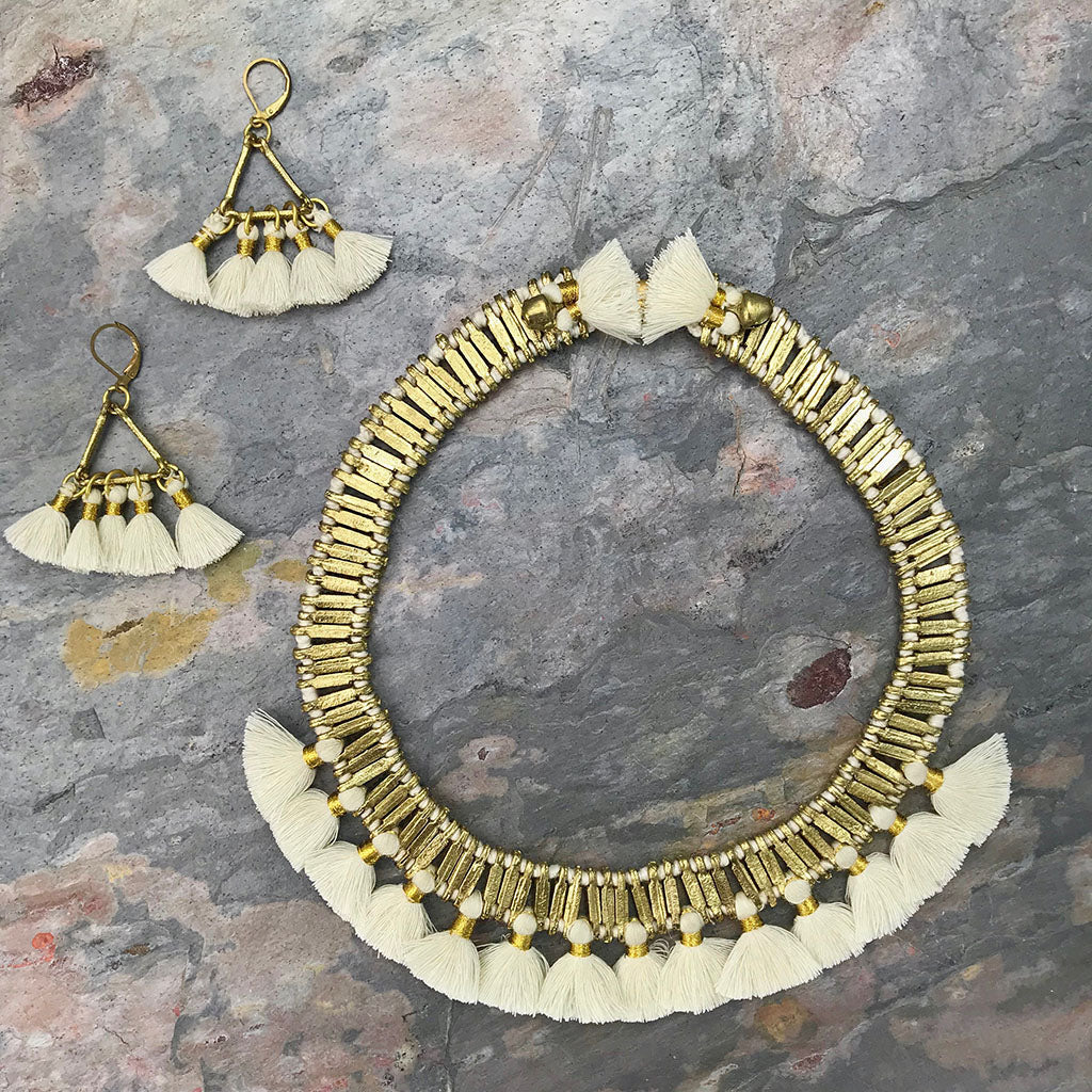 Tassel Collar Necklace Boho Statement Temple-Inspired Cotton Tassel