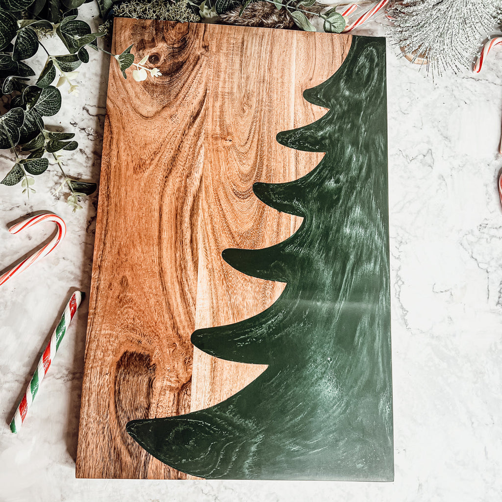 Christmas Charcuterie Serving Board Wood Resin Handcrafted Marbled Tree Inlay