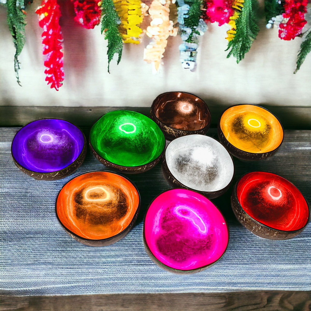 Coconut Rainbow Bowls Handcrafted Gold Leaf Polished Lacquered Eco Serve Bowls BandsCo Straps