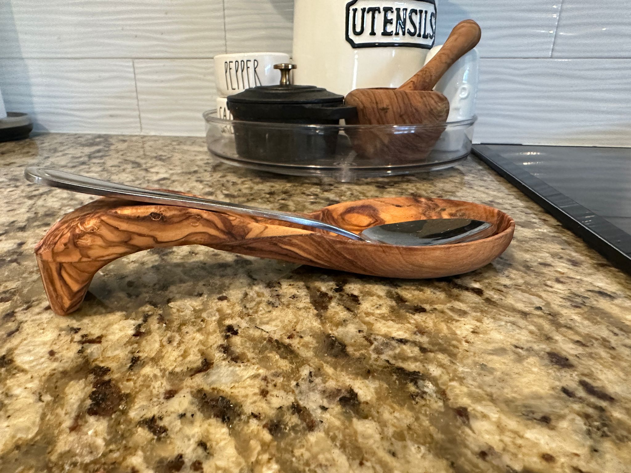 Olive Wood Spoon Rest Handmade Mediterranean Kitchen Countertop Utensil Holder BandsCo Straps