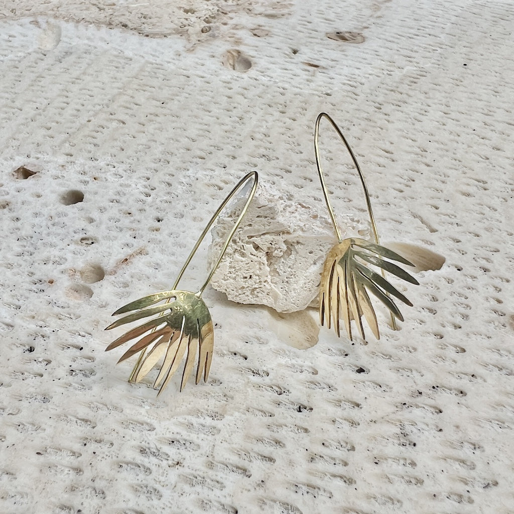 Palm Threader Earrings Recycled Brass Handcrafted Palm Motif Lightweight BandsCo Straps
