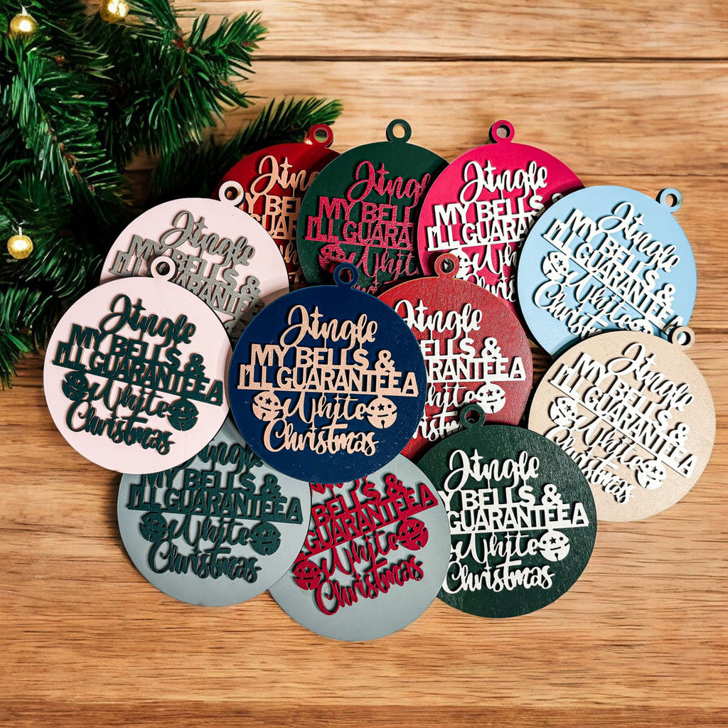Handcrafted Wooden Christmas Ornaments Set Jingle Bells 12 Colors 3D BandsCo Straps