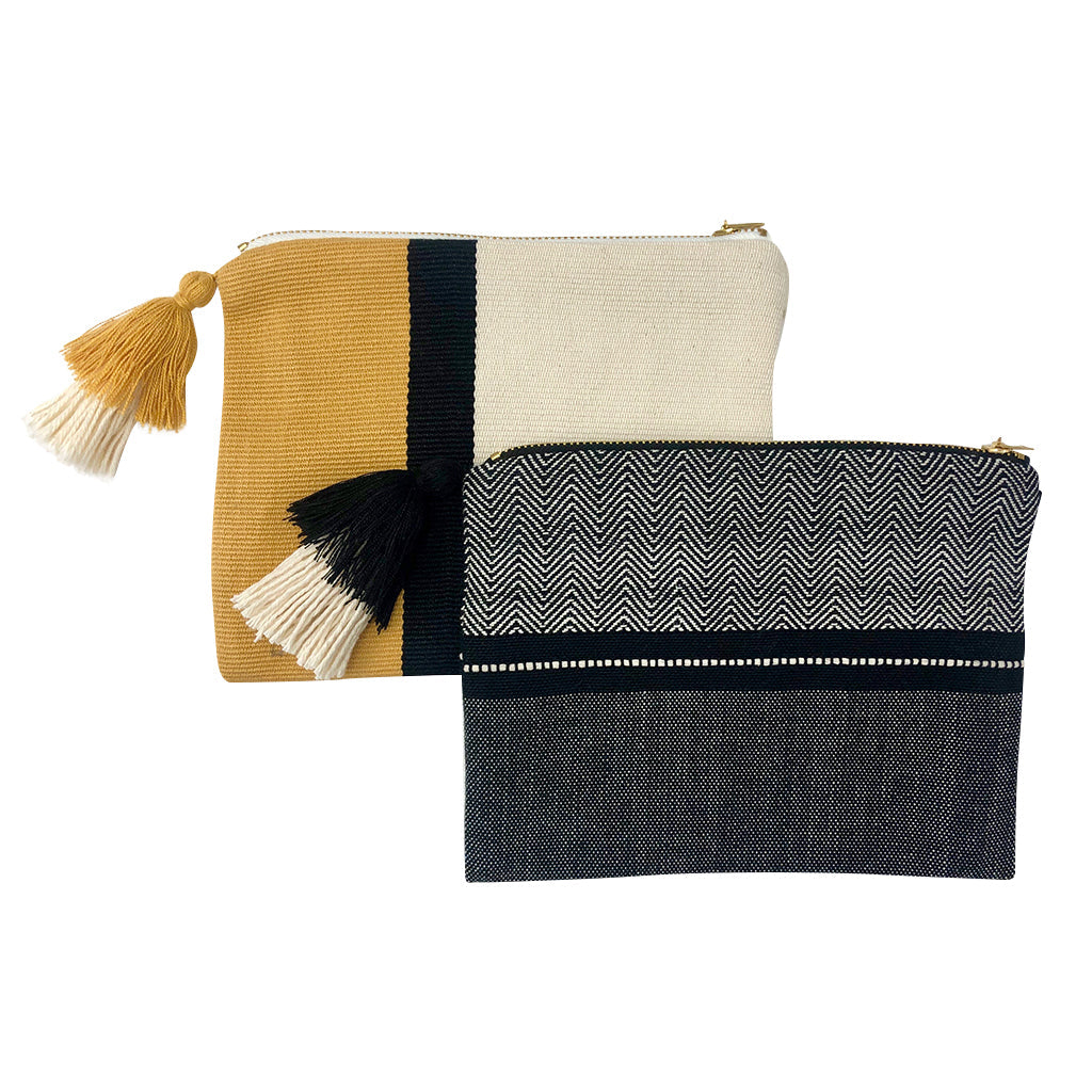 Handloom Stripe Cosmetic Bag Woven Pom Pom Tassel Lined Wristlet Makeup Clutch BandsCo Straps