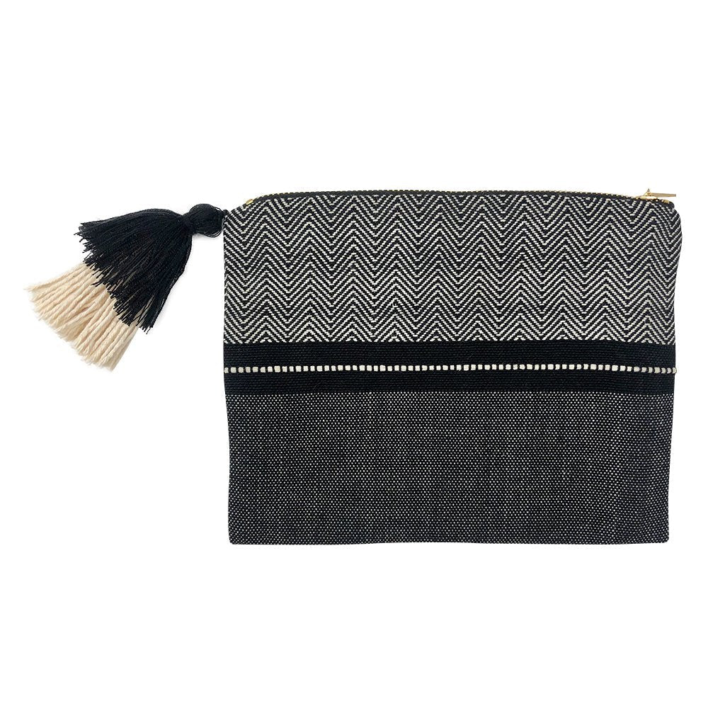 Handloom Stripe Cosmetic Bag Woven Pom Pom Tassel Lined Wristlet Makeup Clutch BandsCo Straps