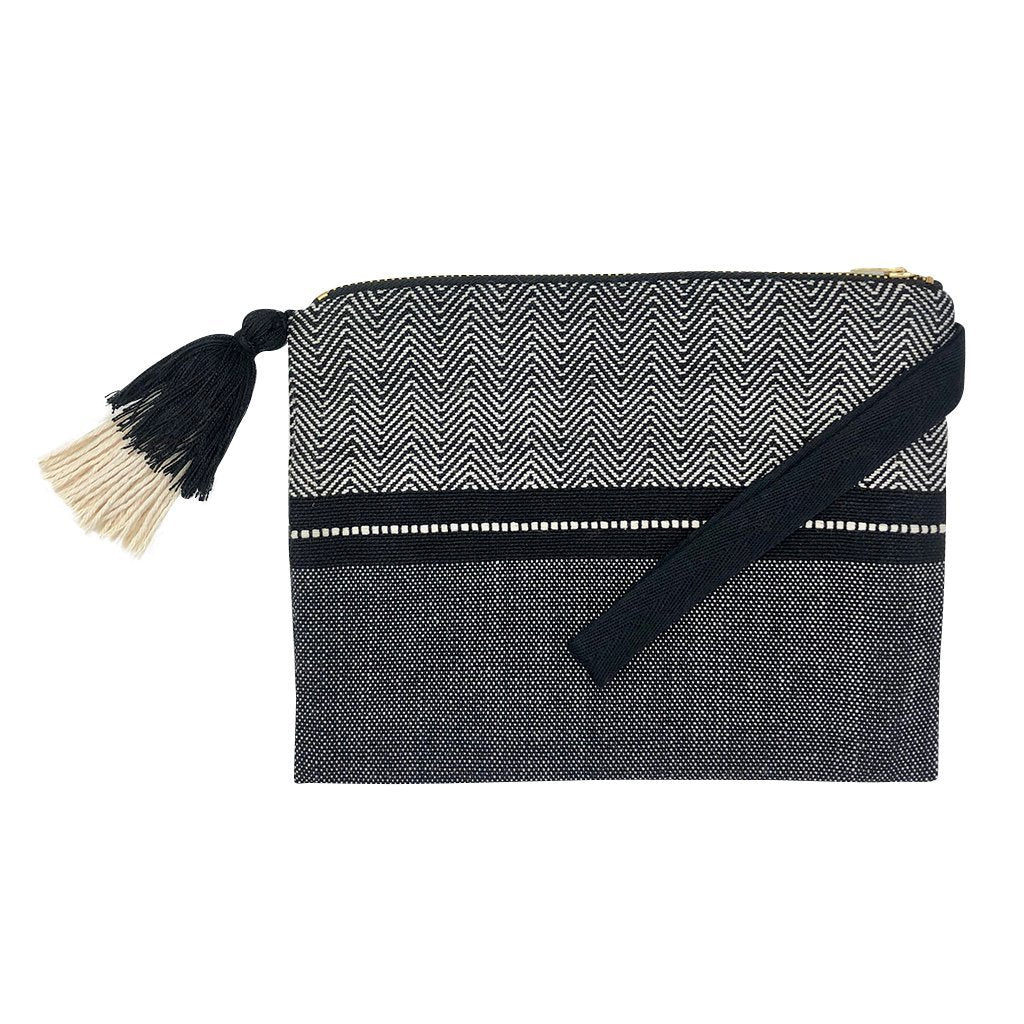 Handloom Stripe Cosmetic Bag Woven Pom Pom Tassel Lined Wristlet Makeup Clutch BandsCo Straps