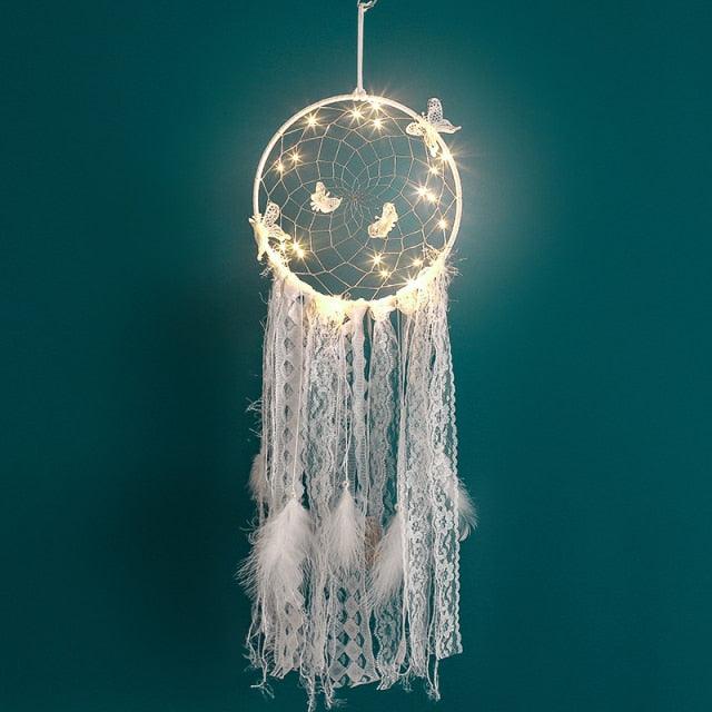 Handmade White Feather Dream Catcher Wind Chimes Hanging Ornaments Ceiling Decor Room Dream Net  Hanging Craft Gift Car Ornament Ribbons Feathers Wrapped Lights For Bedroom Decor Wedding Decorations Stevvex