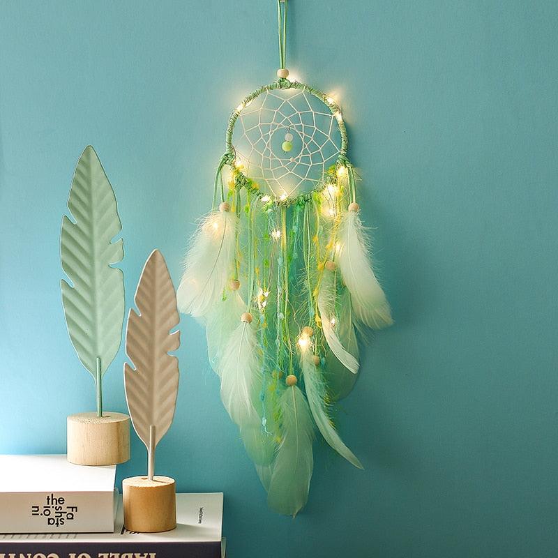 Handmade White Feather Dream Catcher Wind Chimes Hanging Ornaments Ceiling Decor Room Dream Net  Hanging Craft Gift Car Ornament Ribbons Feathers Wrapped Lights For Bedroom Decor Wedding Decorations Stevvex