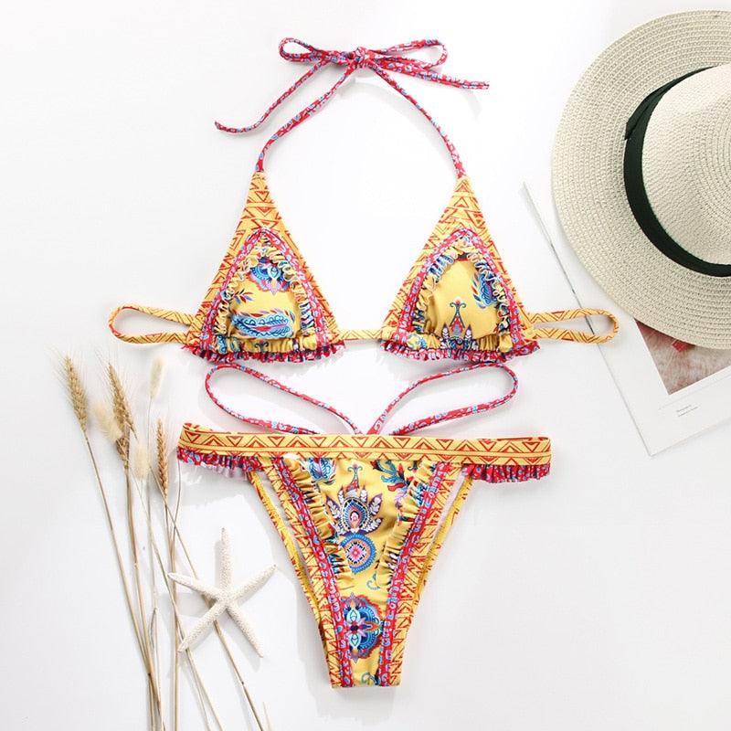 Handwork Bikinis Small Ruffle Swimsuit Vintage Print Swimwear Women Bathing Suit Leopard Patchwork Bikini Set String Stevvex