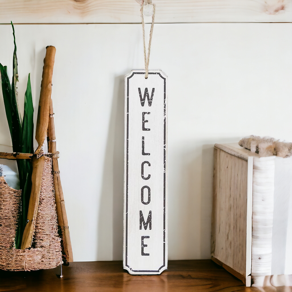 Wooden Welcome Hanging Sign Door Decor White Black Farmhouse Rustic 12 x 2.5 in BandsCo Straps