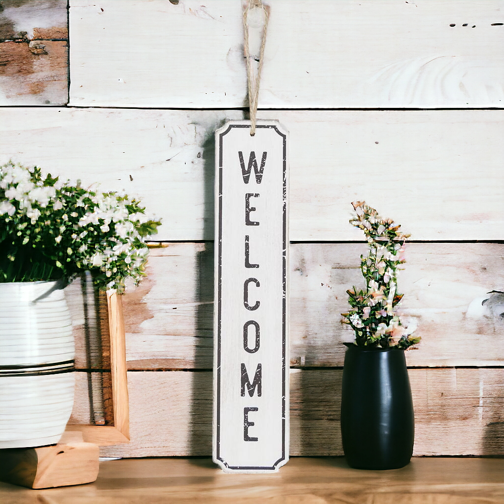 Wooden Welcome Hanging Sign Door Decor White Black Farmhouse Rustic 12 x 2.5 in BandsCo Straps