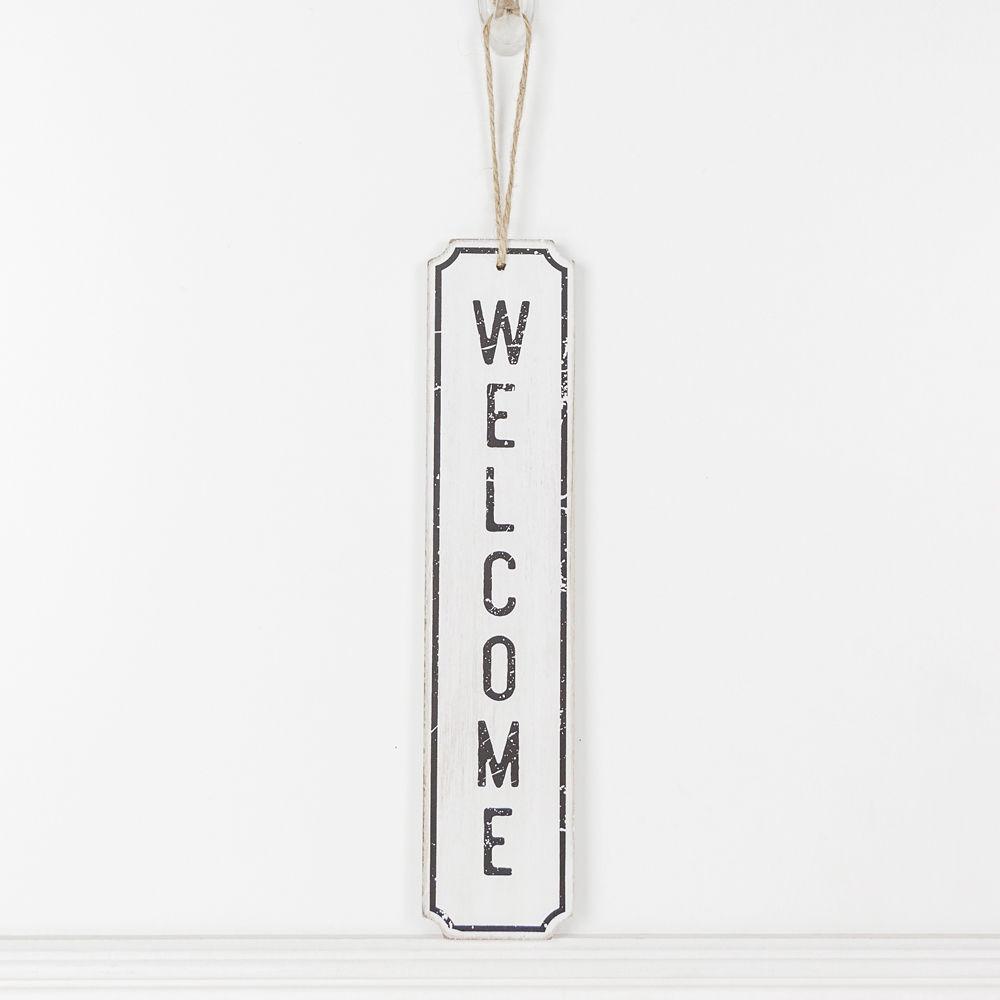 Wooden Welcome Hanging Sign Door Decor White Black Farmhouse Rustic 12 x 2.5 in BandsCo Straps