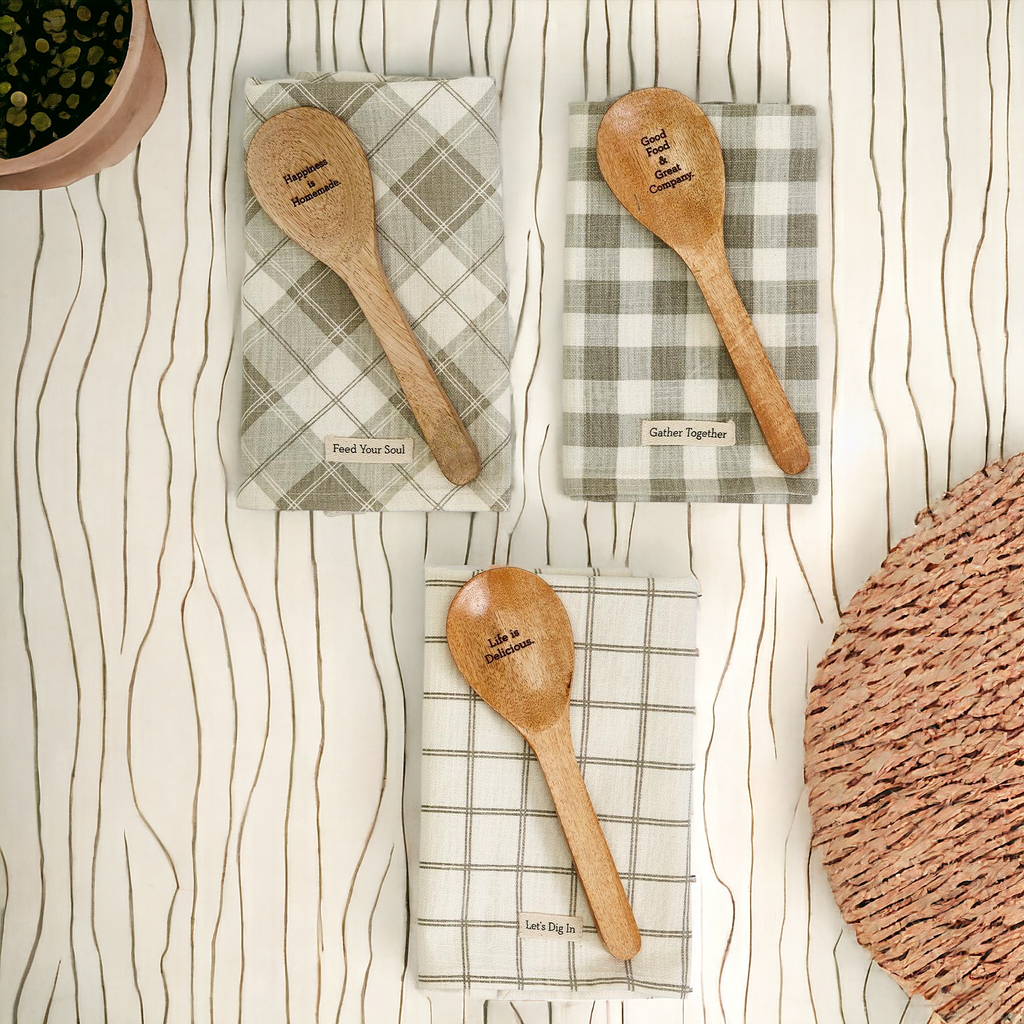 Happiness Is Homemade Wooden Spoon And Checkered Dish Towel Gift Set